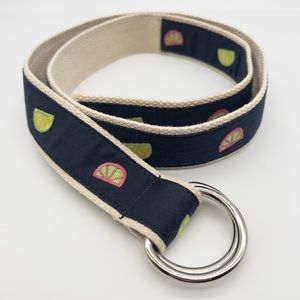 JCREW Canvas Belt Featuring Citrus Fruit on Navy Background Size S/M 'DD' Buckle